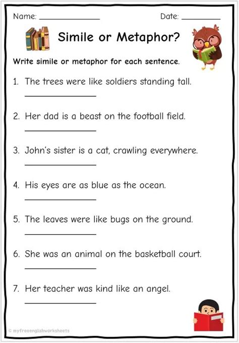 similes and metaphors worksheet for grade 6